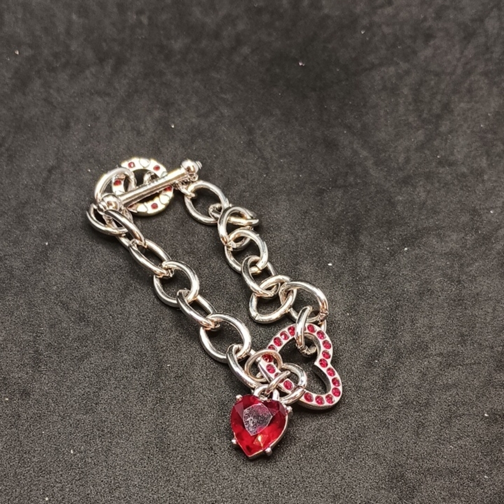 Charming Silver Bracelet with Red Heart Accents